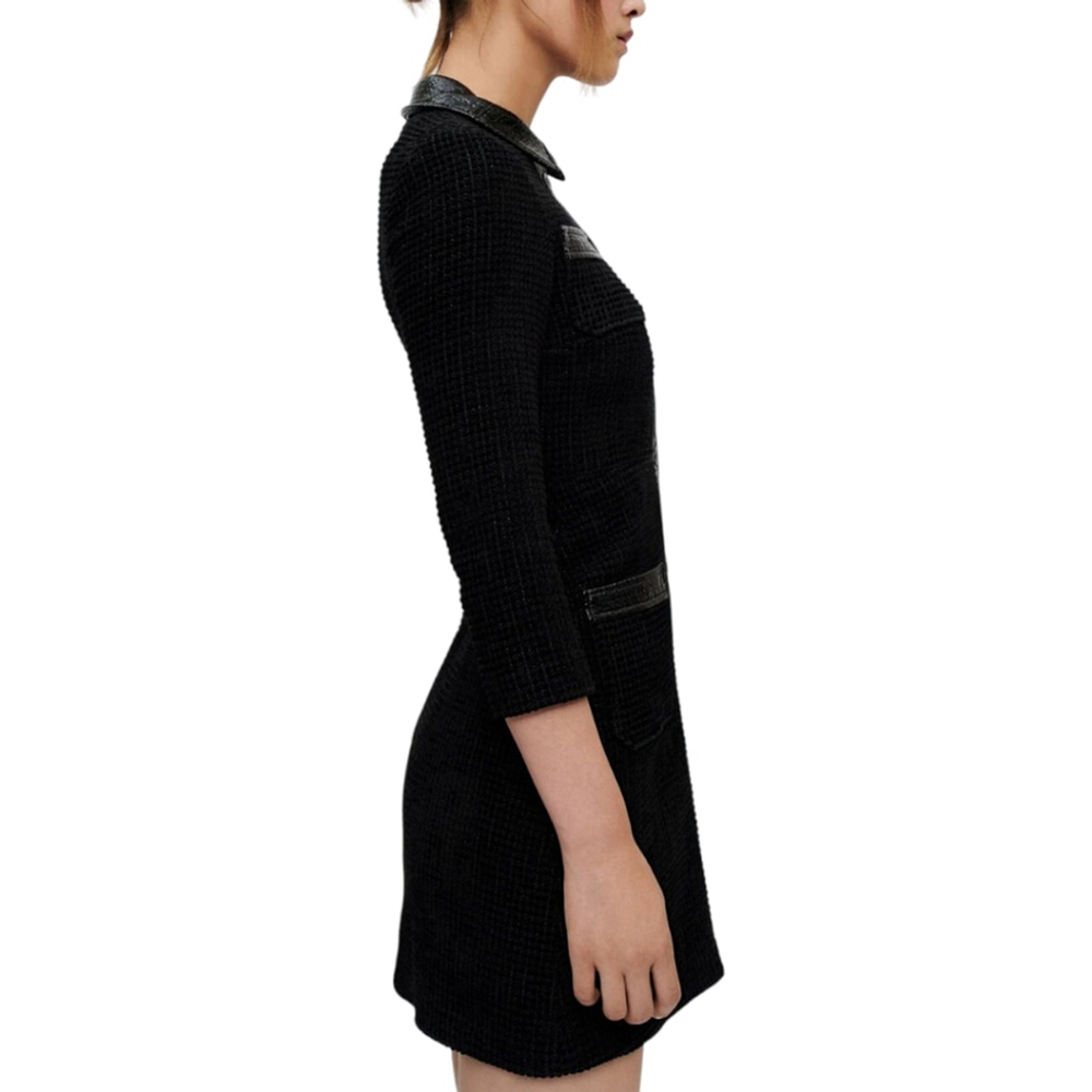 Maje Tweed Black Velvet Rinili Mini Dress Faux Leather Trim Pockets Sz 36 / US 4 - Picture 13 of 15